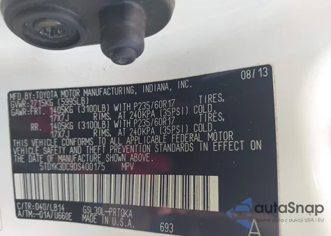 2013 Toyota Sienna Xle V6 8 Passenger z USA, uszkodzony, nr VIN 5TDYK3DC9DS400175